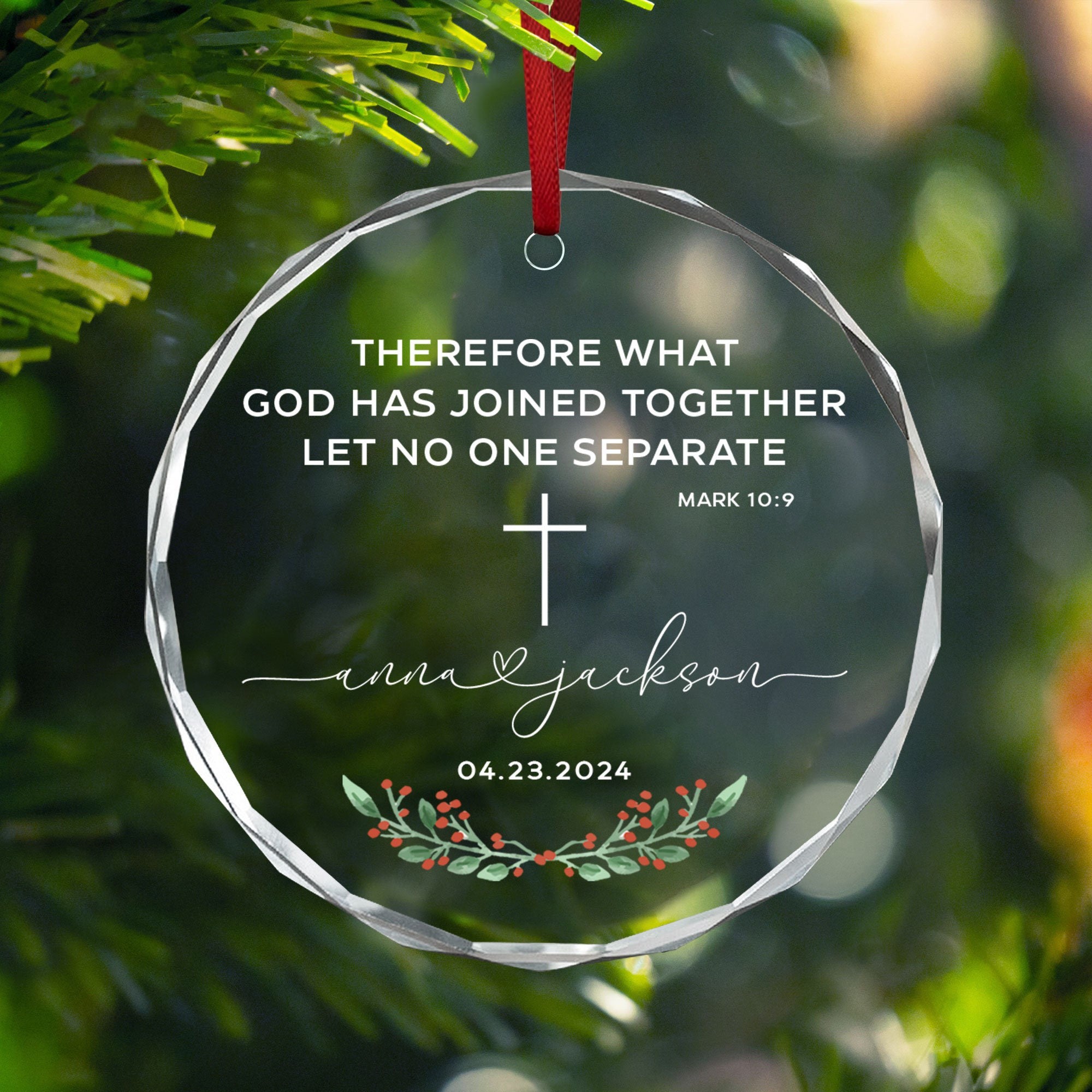 Personalized Christian Christmas Tree Ornament with Bible Verse Mark 10:9, Xmas Decor, Christian Jesus Ornament, Custom Wedding Gift, Ideas For Christmas Trees DCLAF20